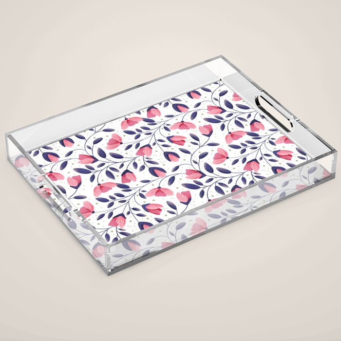 Pink and Blue Floral Tapestry, Poppy Seamless Pattern Acrylic Tray Gallery Image 1