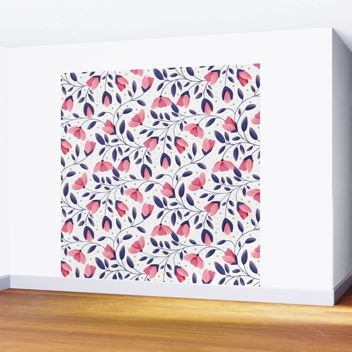 Pink and Blue Floral Tapestry, Poppy Seamless Pattern Wall Mural Gallery Image 2