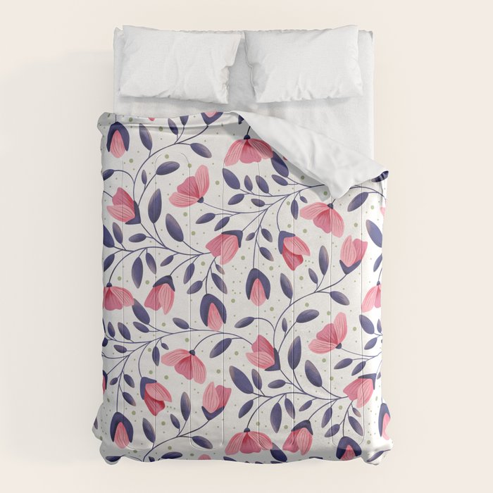Pink and Blue Floral Tapestry, Poppy Seamless Pattern Comforter Gallery Image 6
