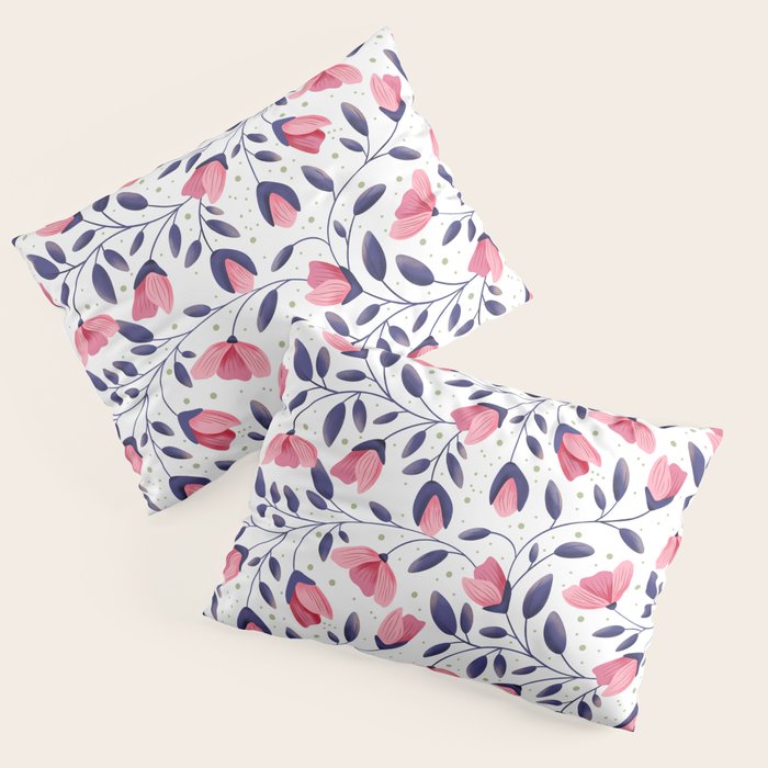 Pink and Blue Floral Tapestry, Poppy Seamless Pattern Pillow Sham
