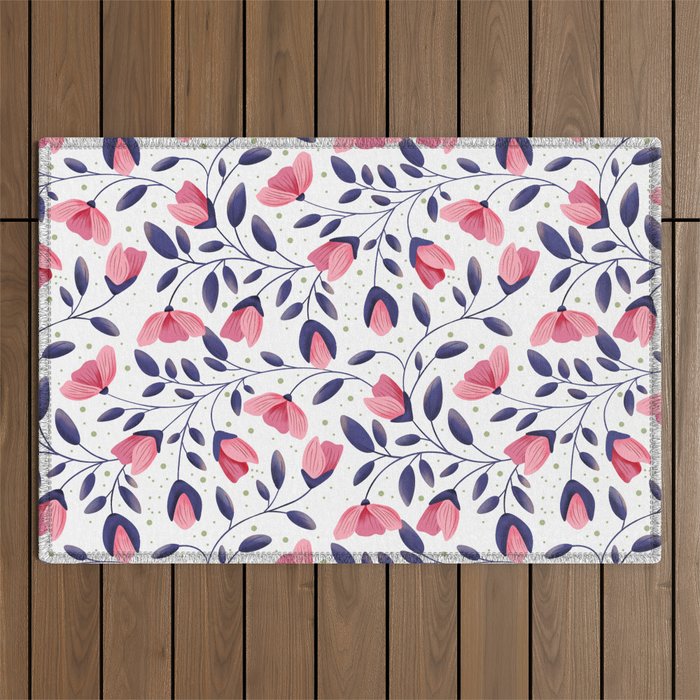 Pink and Blue Floral Tapestry, Poppy Seamless Pattern Outdoor Rug