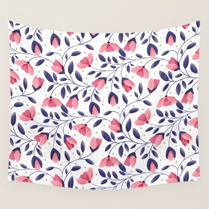 Pink and Blue Floral Tapestry, Poppy Seamless Pattern Wall Tapestry