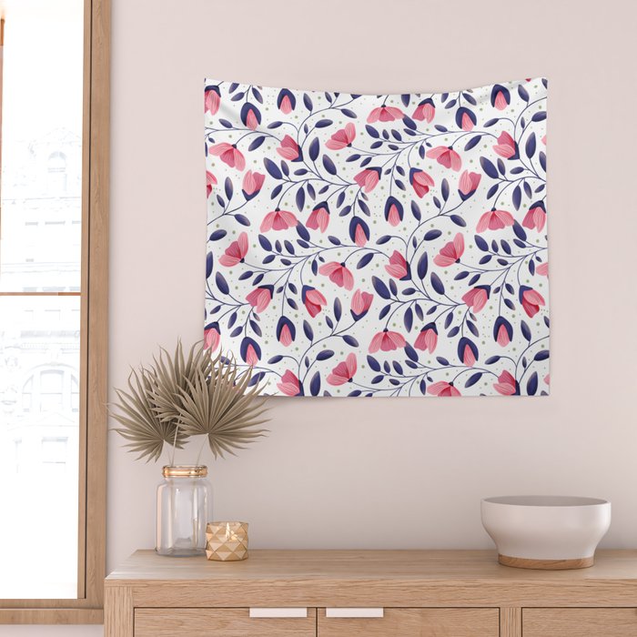 Pink and Blue Floral Tapestry, Poppy Seamless Pattern Wall Tapestry Gallery Image 2