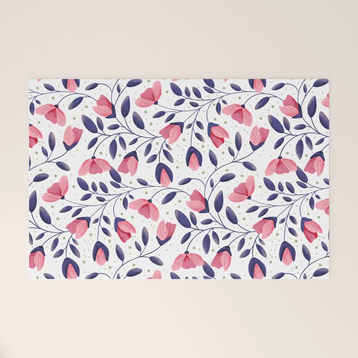 Pink and Blue Floral Tapestry, Poppy Seamless Pattern Welcome Mat