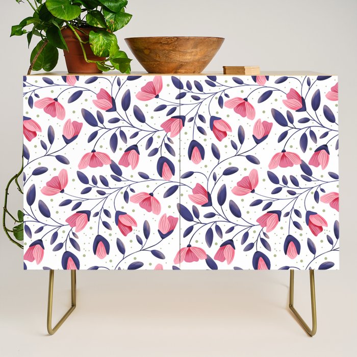 Pink and Blue Floral Tapestry, Poppy Seamless Pattern Credenza Gallery Image 1
