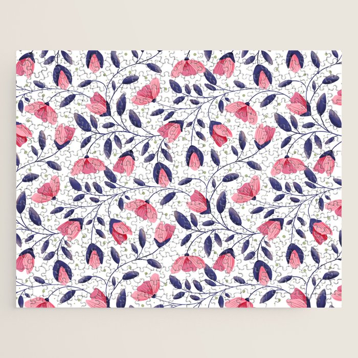 Pink and Blue Floral Tapestry, Poppy Seamless Pattern Jigsaw Puzzle Gallery Image 1