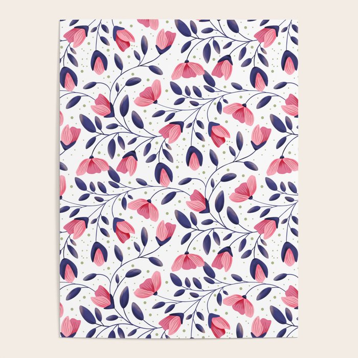 Pink and Blue Floral Tapestry, Poppy Seamless Pattern Poster Gallery Image 1