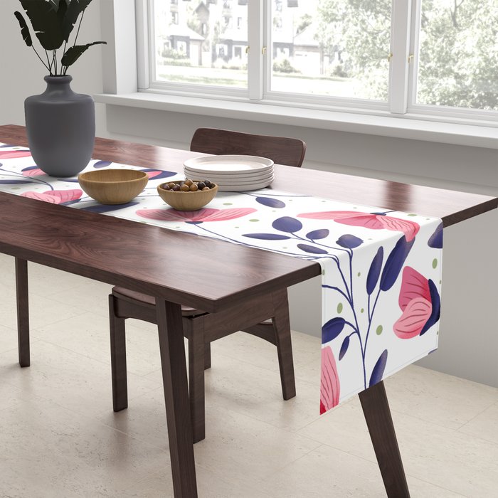 Pink and Blue Floral Tapestry, Poppy Seamless Pattern Table Runner Gallery Image 2