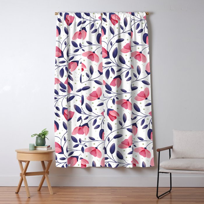 Pink and Blue Floral Tapestry, Poppy Seamless Pattern Window Curtain