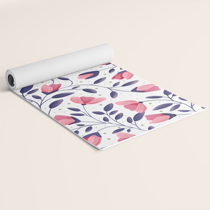 Pink and Blue Floral Tapestry, Poppy Seamless Pattern Yoga Mat Gallery Image 2