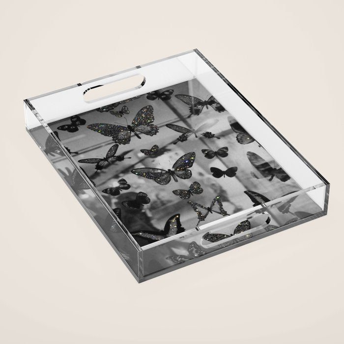 BLACK AND WHITE BUTTERFLIES | photo | sparkle and shine | wings | aesthetic | monochrome | fly  Acrylic Tray Gallery Image 1