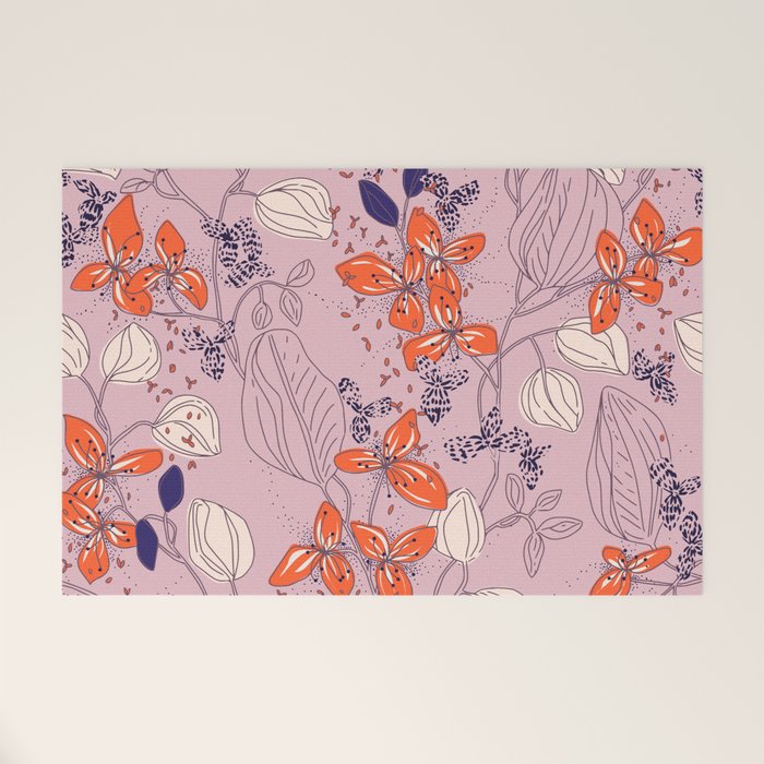 Floral elegance lilac and red orange Welcome Mat Gallery Image 1