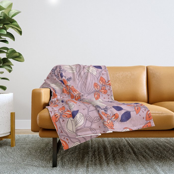 Floral elegance lilac and red orange Throw Blanket Gallery Image 1