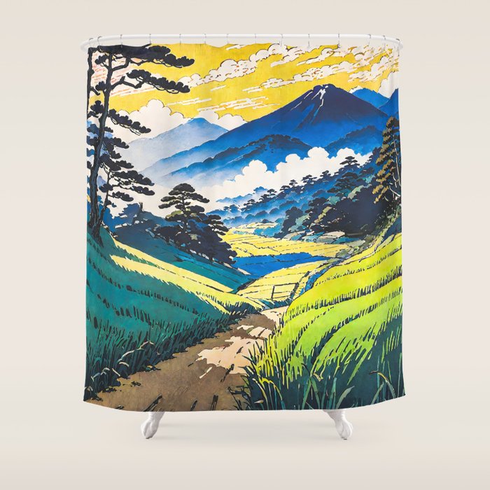 On the Return to Hokiriukiyo - A Contemporary Ukiyo-e Nature Landscape Shower Curtain Gallery Image 1