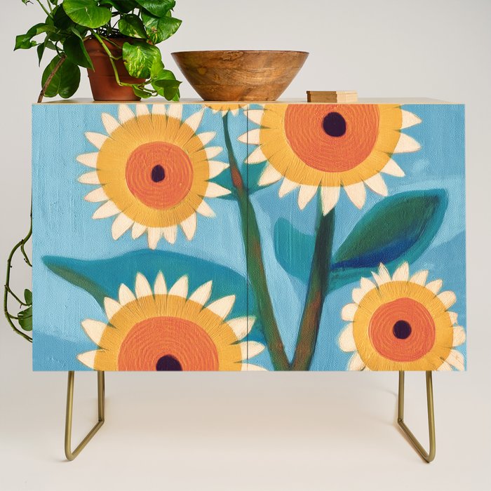 Sunflower Study in Sunny Yellow and Burnt Orange Credenza Gallery Image 1