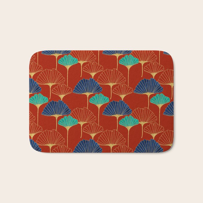 Gingko Biloba Leaves Abstract Pattern (red Background) Bath Mat Gallery Image 1
