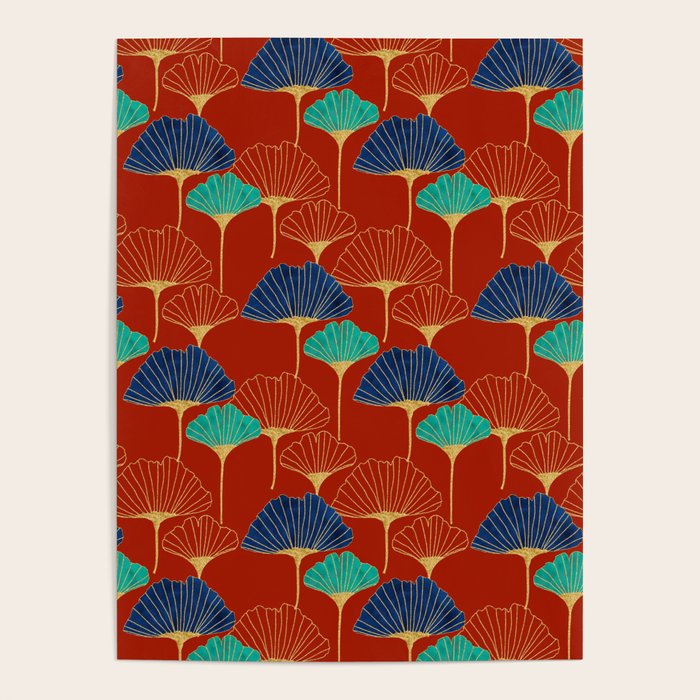 Gingko Biloba Leaves Abstract Pattern (red Background) Poster Gallery Image 4