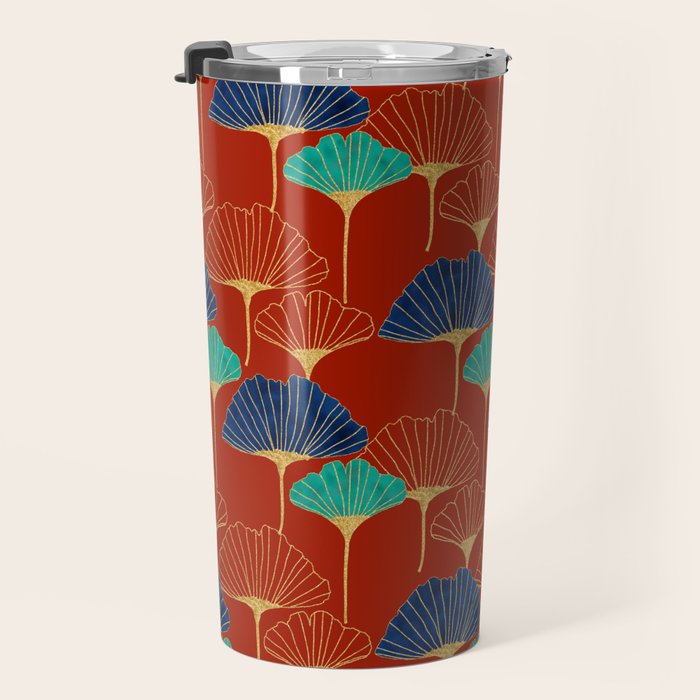 Gingko Biloba Leaves Abstract Pattern (red Background) Travel Mug Gallery Image 3