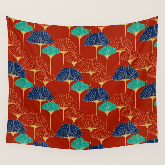 Gingko Biloba Leaves Abstract Pattern (red Background) Wall Tapestry Gallery Image 4