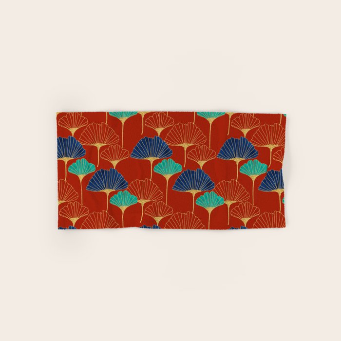 Gingko Biloba Leaves Abstract Pattern (red Background) Bath Towel Gallery Image 1