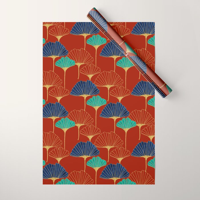 Gingko Biloba Leaves Abstract Pattern (red Background) Wrapping Paper Gallery Image 1