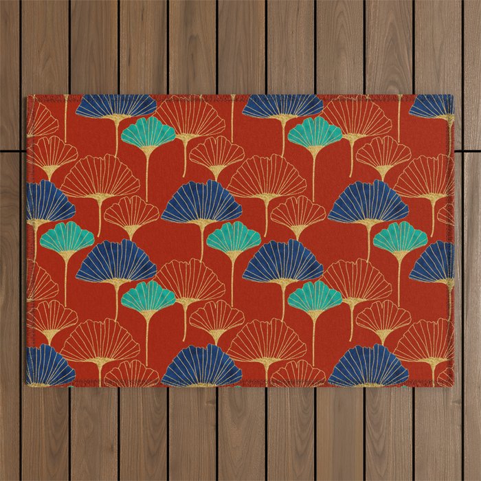 Gingko Biloba Leaves Abstract Pattern (red Background) Outdoor Rug