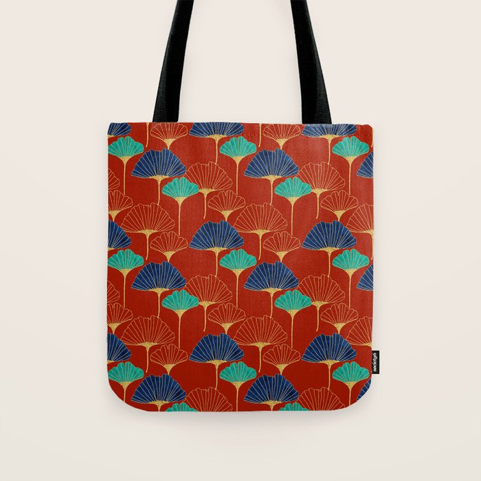 Gingko Biloba Leaves Abstract Pattern (red Background) Tote Bag Gallery Image 1