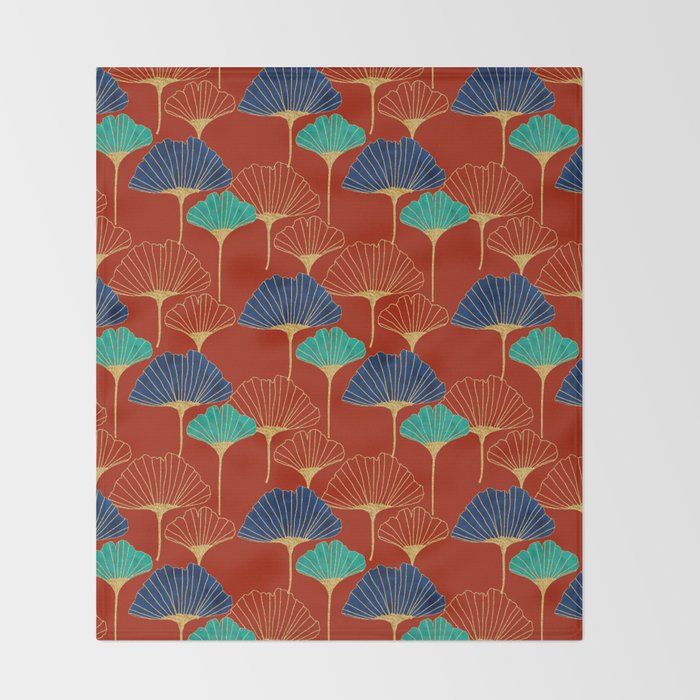 Gingko Biloba Leaves Abstract Pattern (red Background) Throw Blanket Gallery Image 2