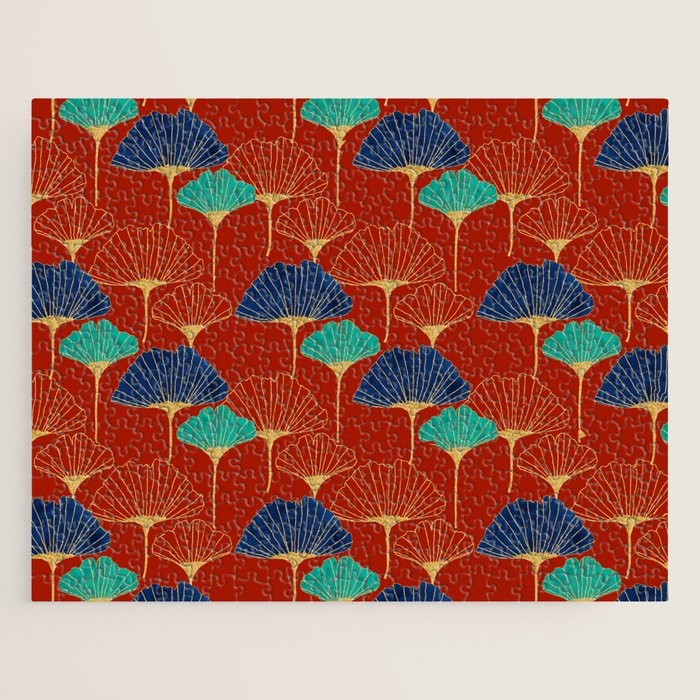 Gingko Biloba Leaves Abstract Pattern (red Background) Jigsaw Puzzle Gallery Image 1