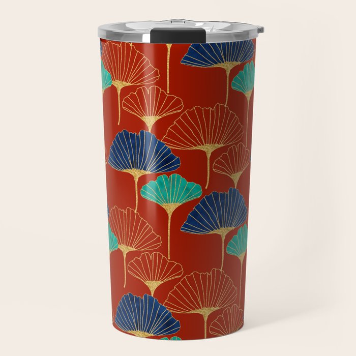 Gingko Biloba Leaves Abstract Pattern (red Background) Travel Mug Gallery Image 1