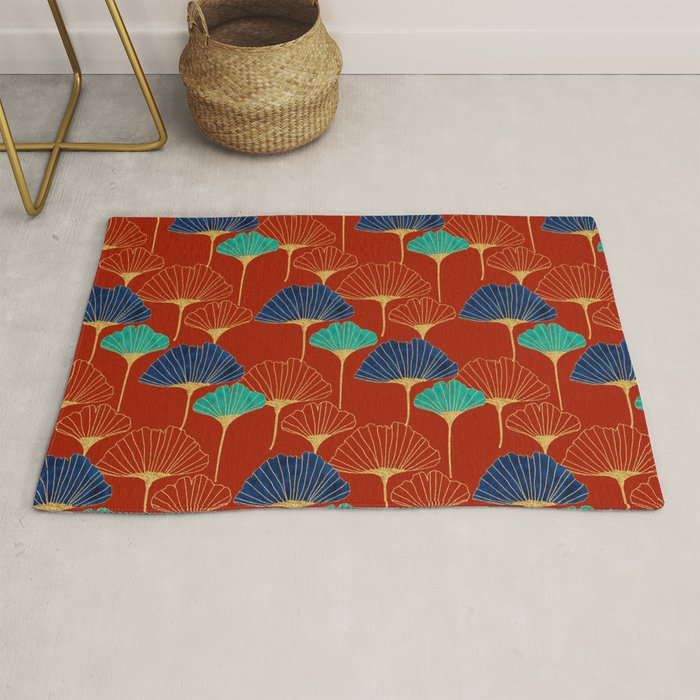 Gingko Biloba Leaves Abstract Pattern (red Background) Rug Gallery Image 1