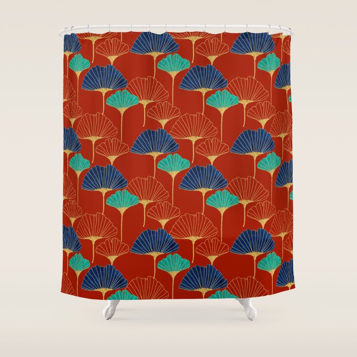 Gingko Biloba Leaves Abstract Pattern (red Background) Shower Curtain Gallery Image 1