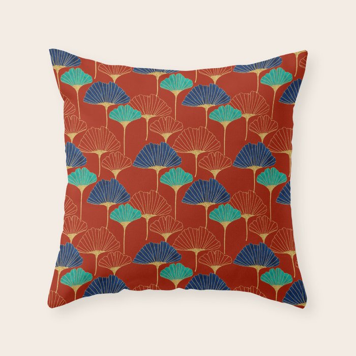 Gingko Biloba Leaves Abstract Pattern (red Background) Throw Pillow Gallery Image 1