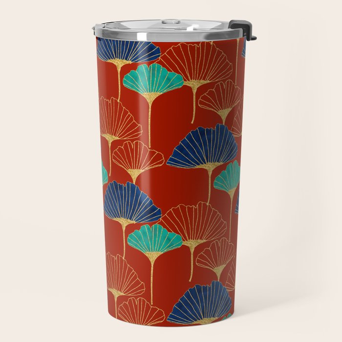 Gingko Biloba Leaves Abstract Pattern (red Background) Travel Mug Gallery Image 2