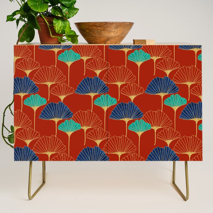 Gingko Biloba Leaves Abstract Pattern (red Background) Credenza Gallery Image 1