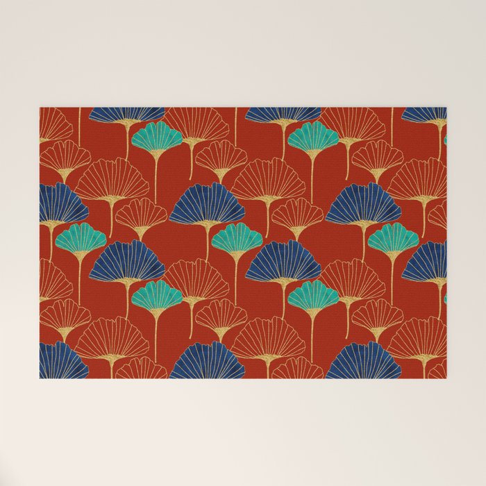 Gingko Biloba Leaves Abstract Pattern (red Background) Welcome Mat Gallery Image 1