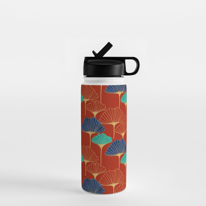 Gingko Biloba Leaves Abstract Pattern (red Background) Water Bottle Gallery Image 1