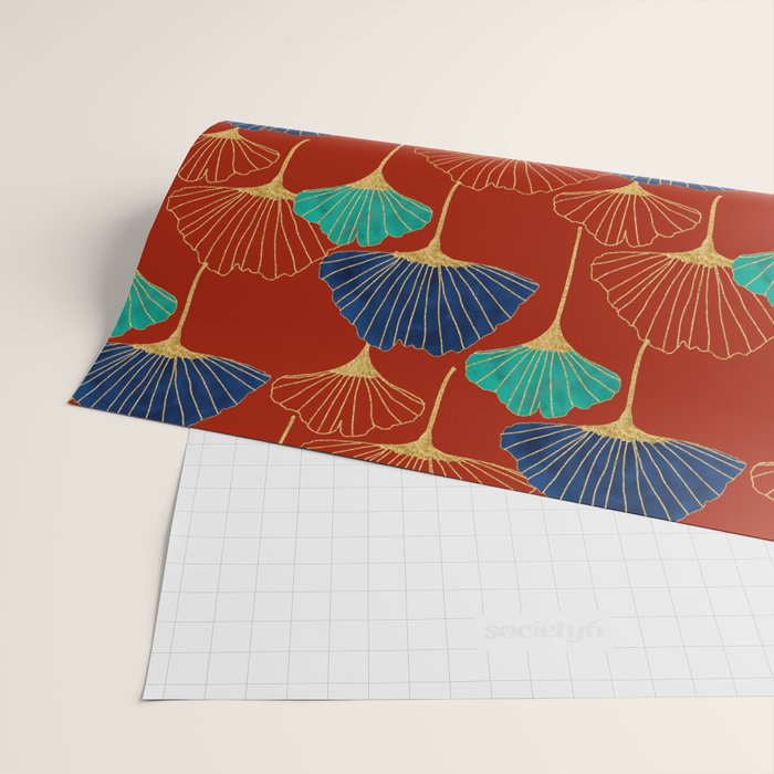 Gingko Biloba Leaves Abstract Pattern (red Background) Wrapping Paper Gallery Image 2