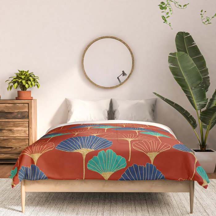 Gingko Biloba Leaves Abstract Pattern (red Background) Comforter Gallery Image 3