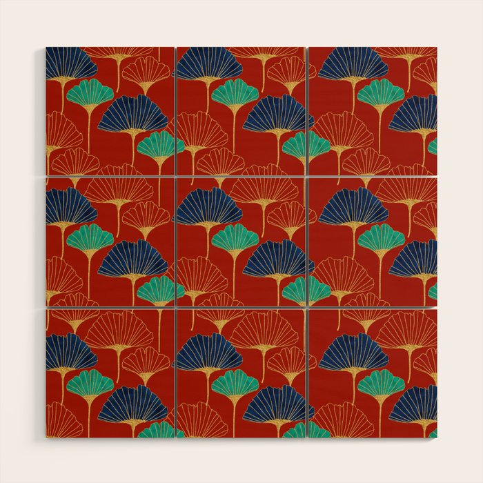 Gingko Biloba Leaves Abstract Pattern (red Background) Wood Wall Art Gallery Image 1