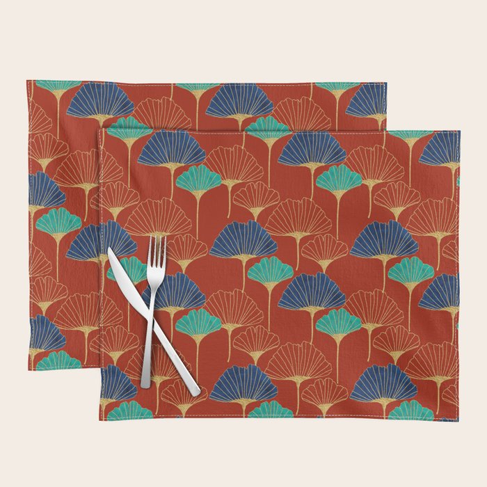 Gingko Biloba Leaves Abstract Pattern (red Background) Placemat Gallery Image 1