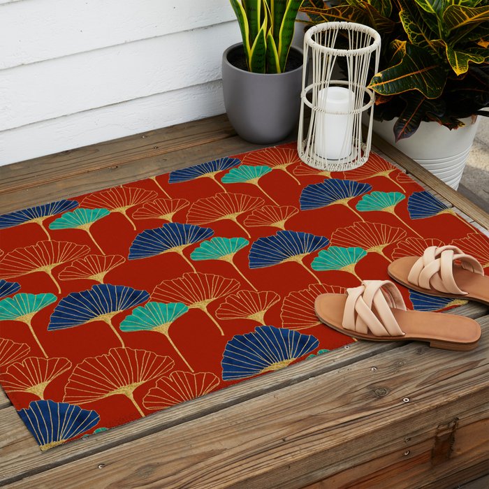 Gingko Biloba Leaves Abstract Pattern (red Background) Outdoor Rug Gallery Image 2