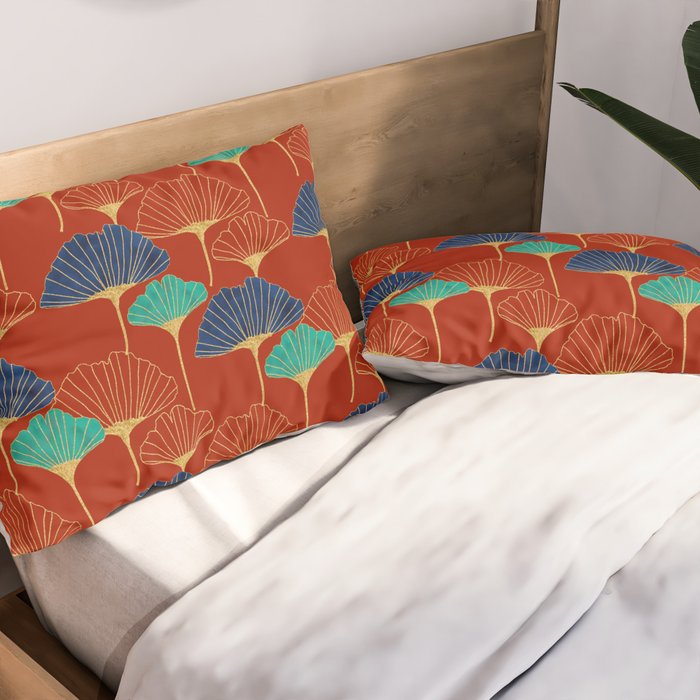 Gingko Biloba Leaves Abstract Pattern (red Background) Pillow Sham Gallery Image 2