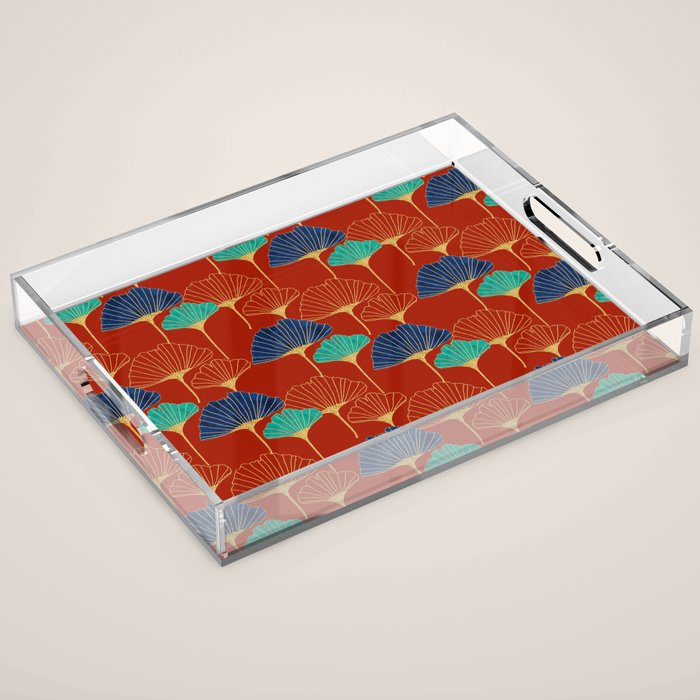 Gingko Biloba Leaves Abstract Pattern (red Background) Acrylic Tray Gallery Image 1