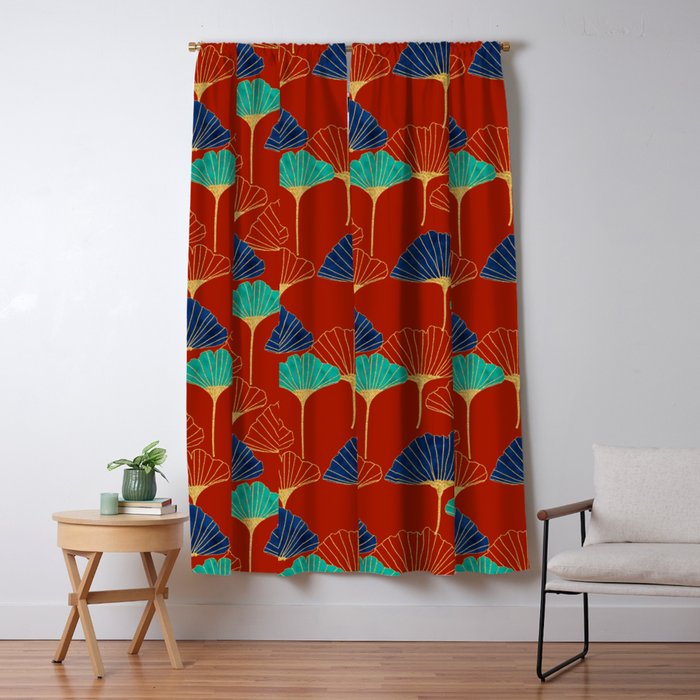 Gingko Biloba Leaves Abstract Pattern (red Background) Window Curtain Gallery Image 1
