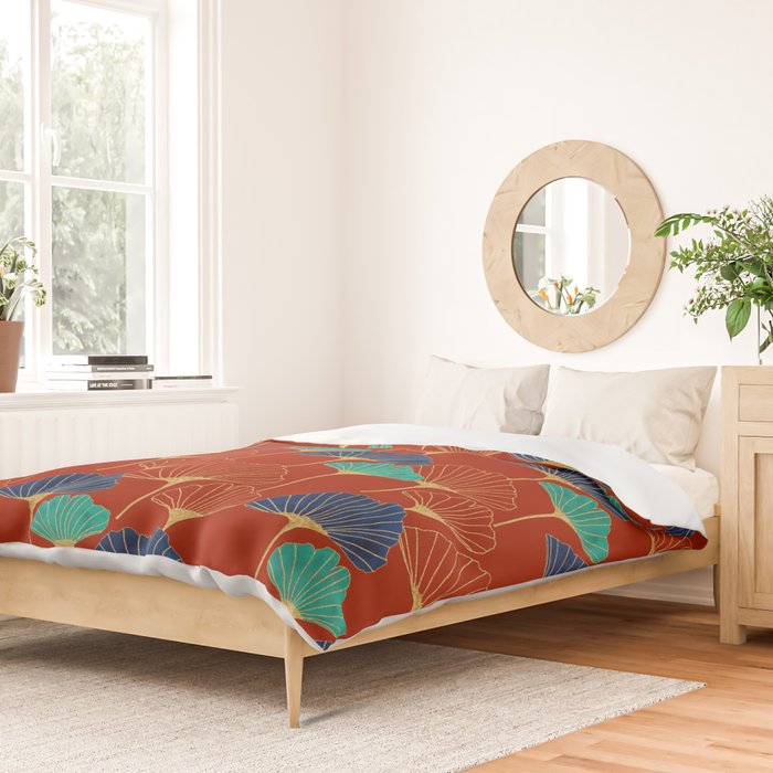 Gingko Biloba Leaves Abstract Pattern (red Background) Duvet Cover Gallery Image 2