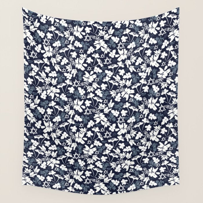 Dark and Light Blue Floral Star of David Wall Tapestry Gallery Image 1