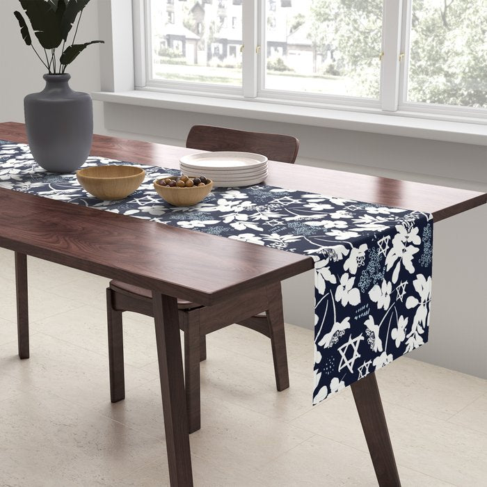 Dark and Light Blue Floral Star of David Table Runner Gallery Image 2