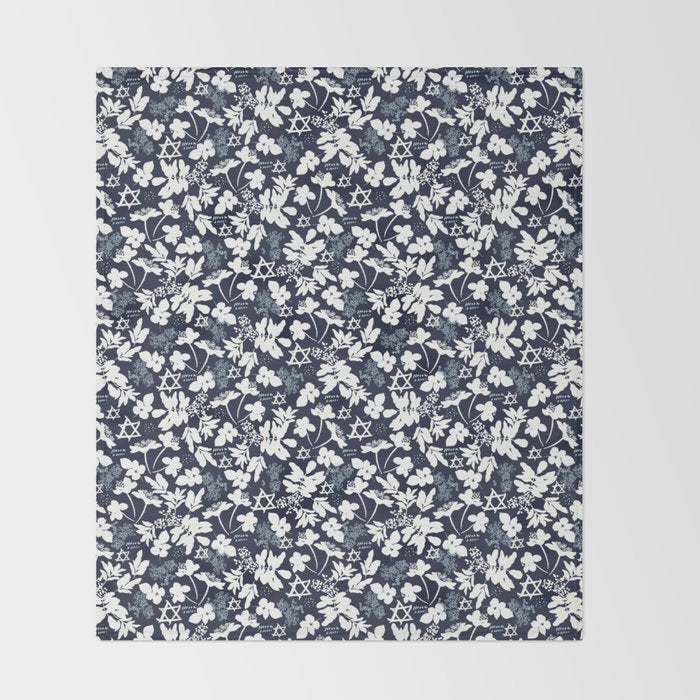Dark and Light Blue Floral Star of David Throw Blanket Gallery Image 2