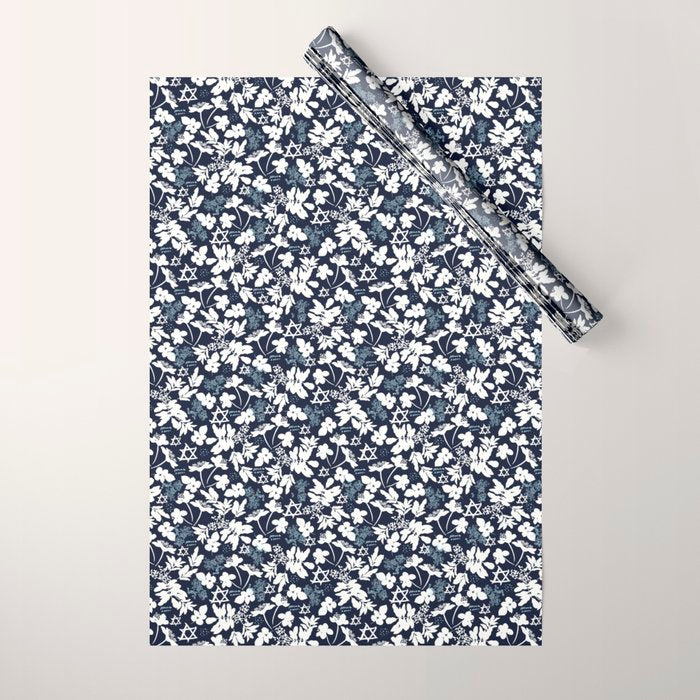 Dark and Light Blue Floral Star of David Wrapping Paper Gallery Image 1